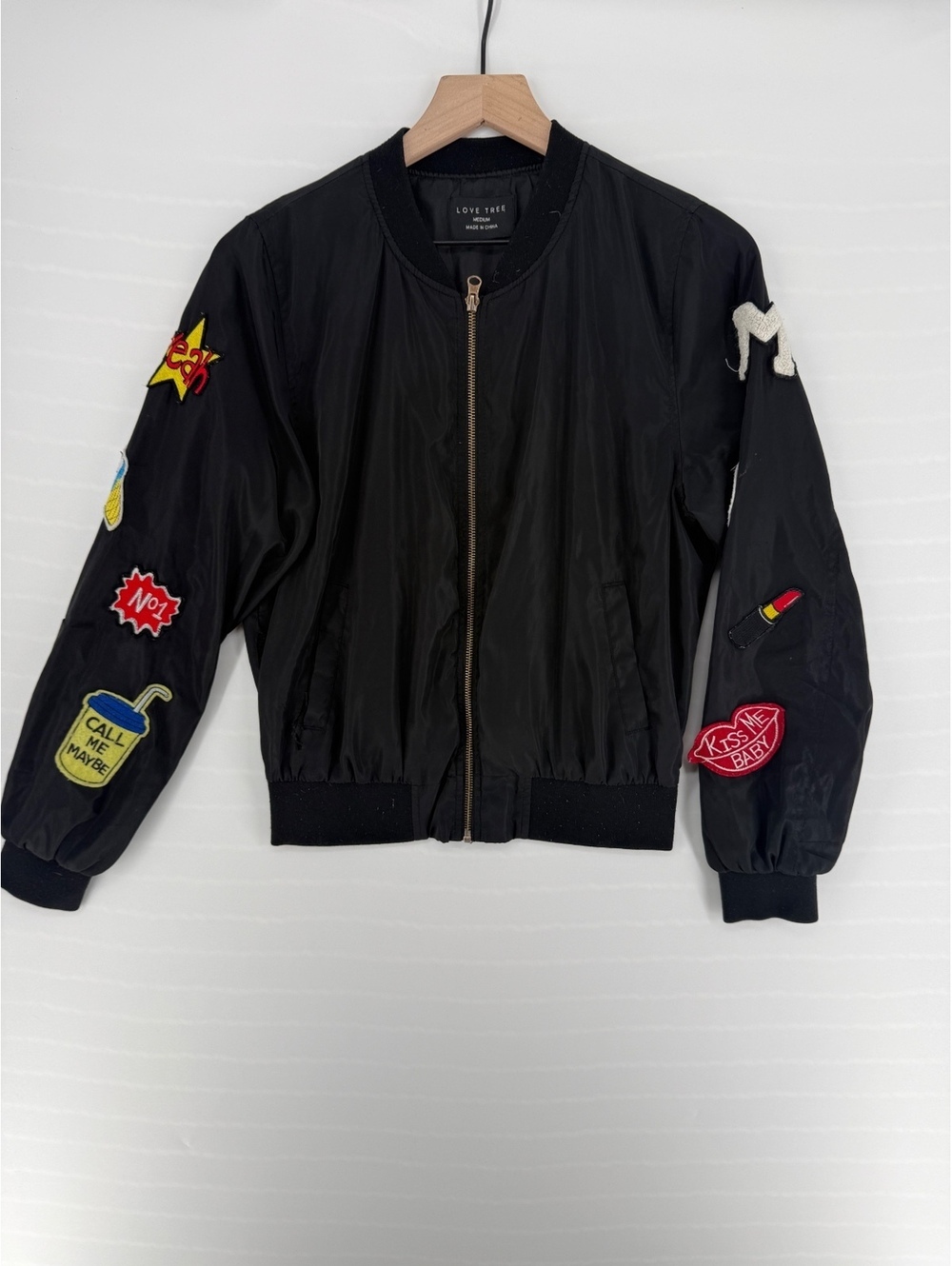 Love Tree Womens Medium Black Patch Bomber Jacket Call Me Maybe Y2K Streetwear
